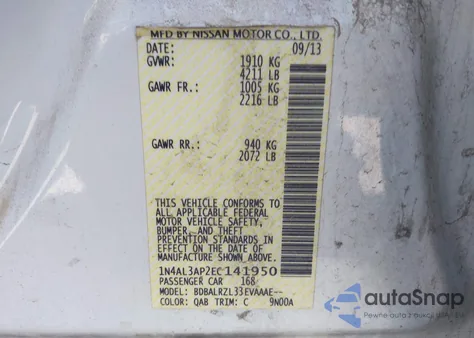2014 Nissan Altima 2.5 S z USA, uszkodzony, nr VIN 1N4AL3AP2EC141950